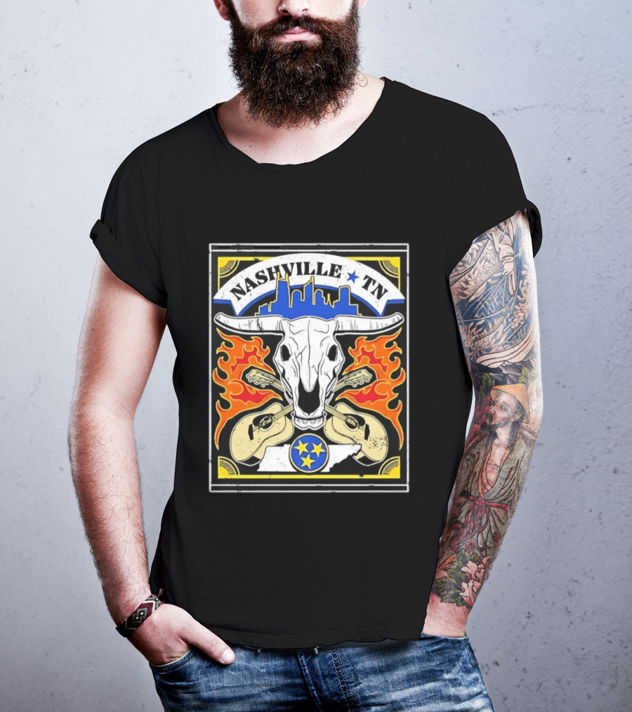 Nashville TN Cow Skull Guitars Flames Skyline Blue Star T-Shirt