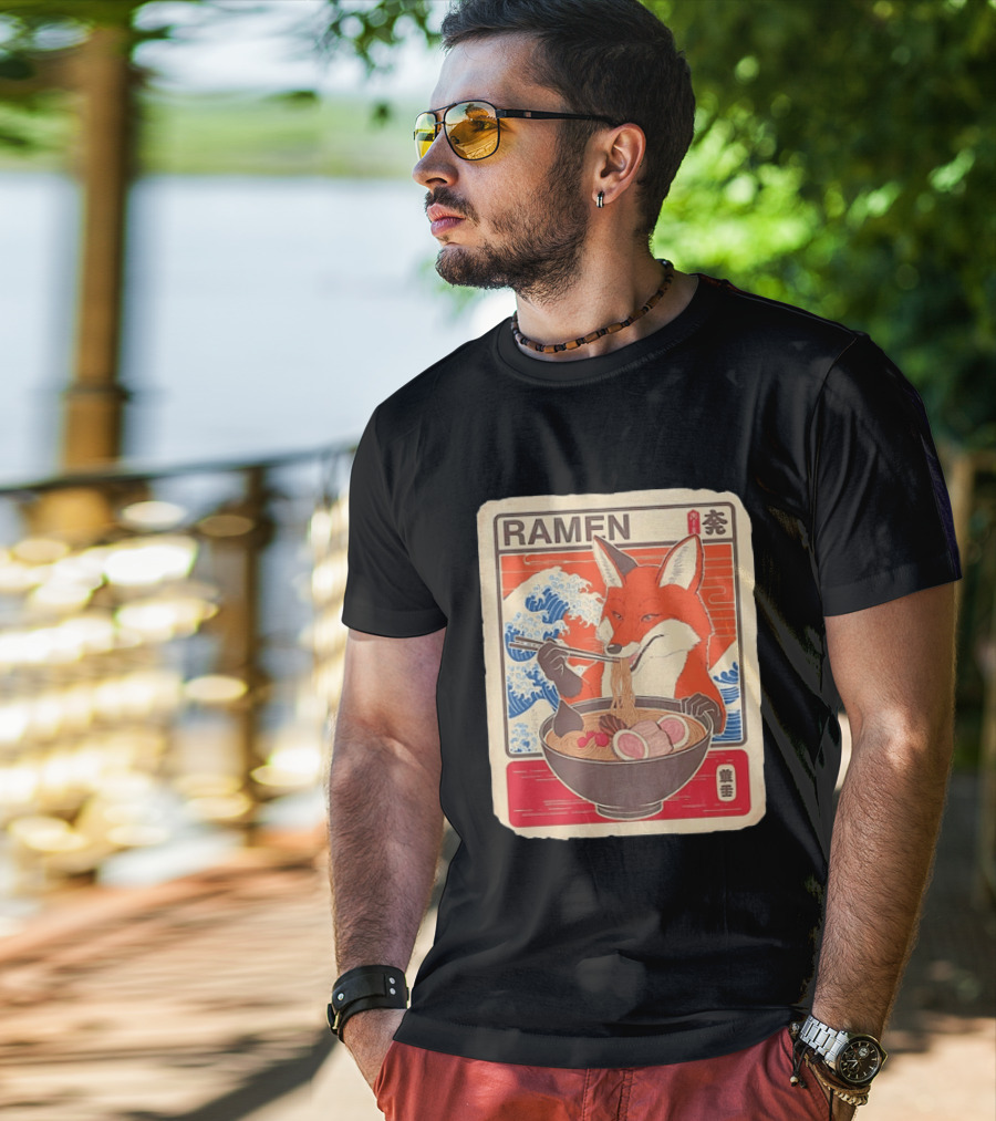 Fox Eating Ramen With Japanese Wave T-Shirt