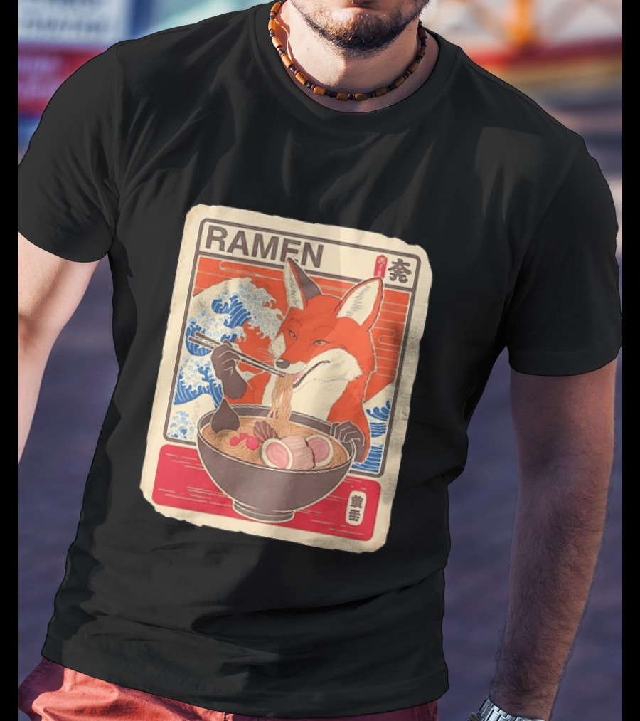 Fox Eating Ramen With Japanese Wave T-Shirt