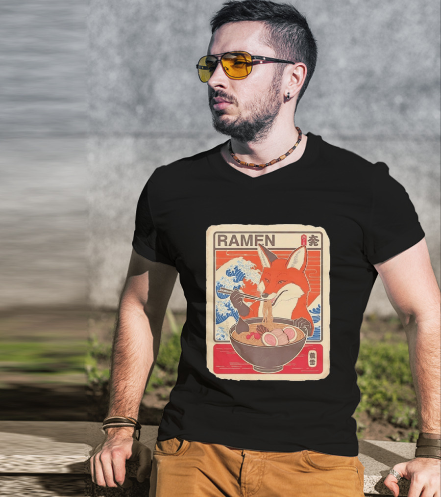 Fox Eating Ramen With Japanese Wave T-Shirt