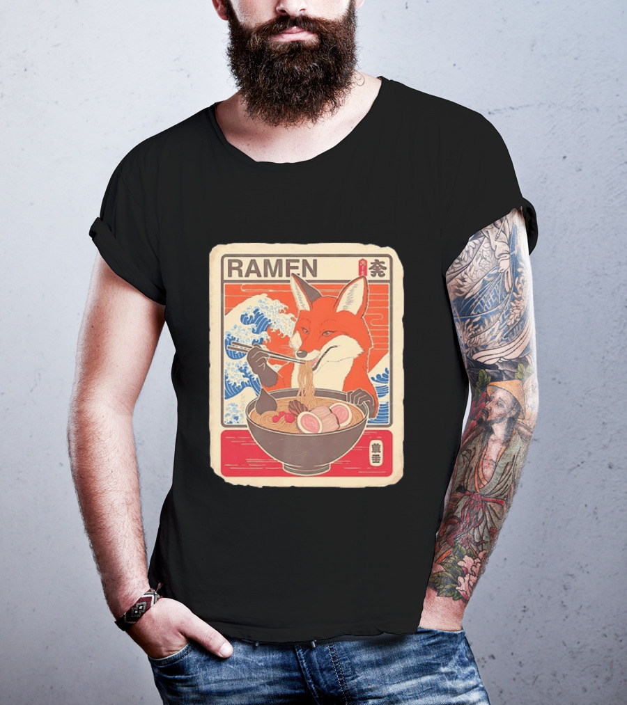 Fox Eating Ramen With Japanese Wave T-Shirt