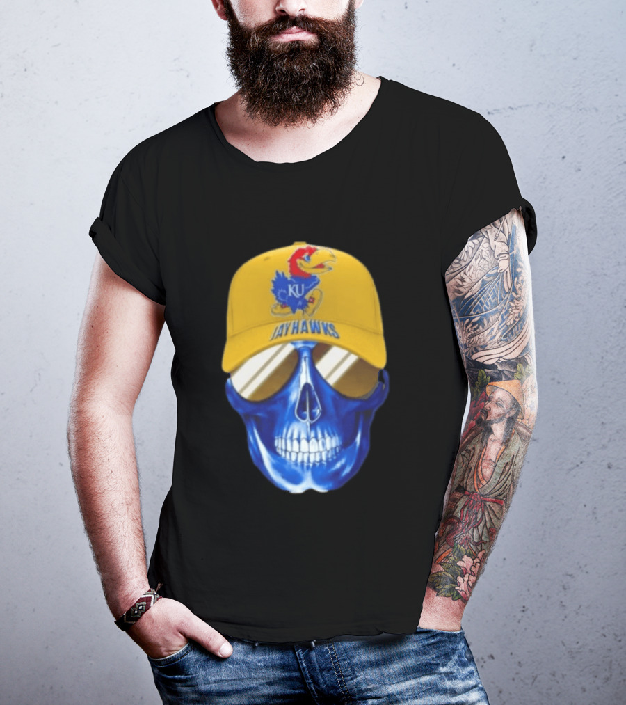 Kansas Jayhawks Skull Cap Fans Wear KU Jayhawks Edition T-Shirt