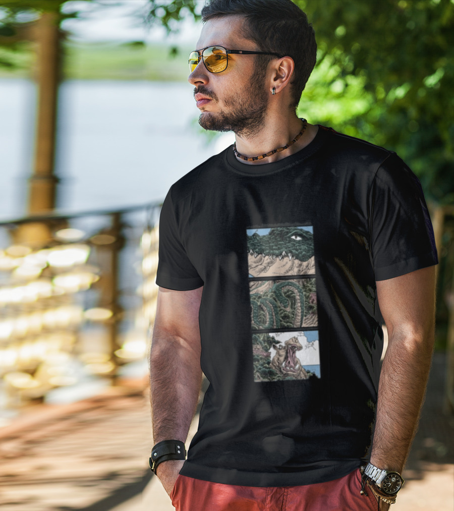 The Longest Johns Store Ends Of The Earth UK Tour Black Crocodile And Dinosaur Comic Strip T-Shirt