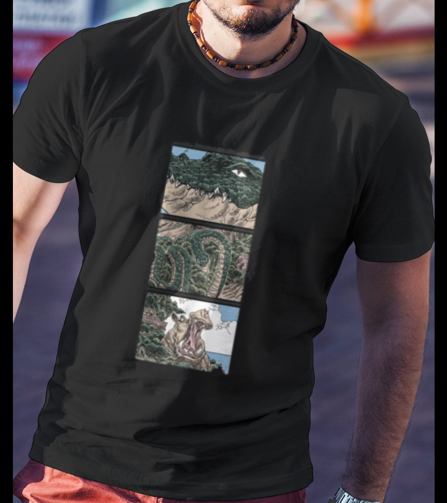 The Longest Johns Store Ends Of The Earth UK Tour Black Crocodile And Dinosaur Comic Strip T-Shirt