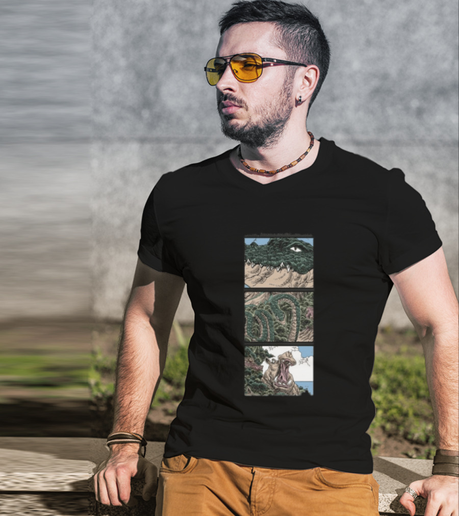 The Longest Johns Store Ends Of The Earth UK Tour Black Crocodile And Dinosaur Comic Strip T-Shirt