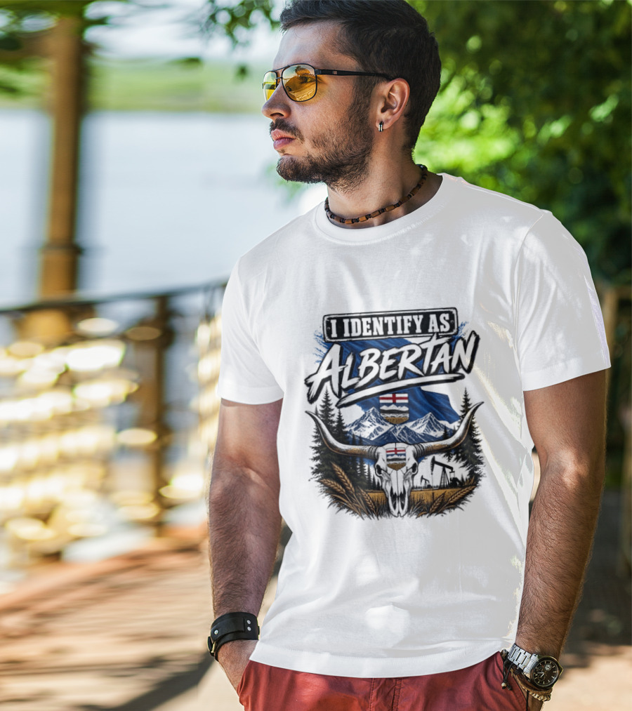 I Identify As Albertan Alberta Flag Longhorn Skull Wheat Forest Scene T-Shirt