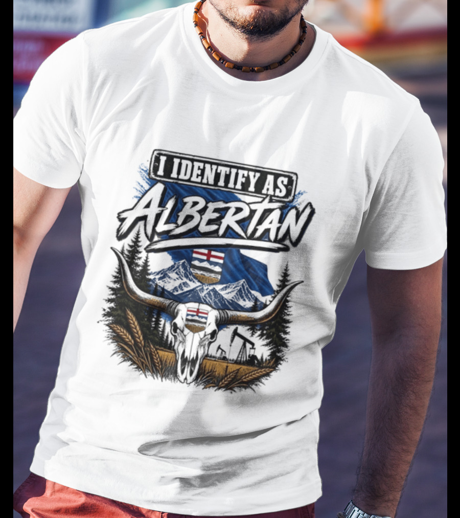 I Identify As Albertan Alberta Flag Longhorn Skull Wheat Forest Scene T-Shirt