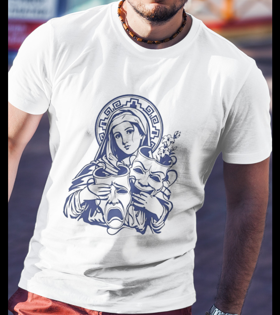 Virgin Mary Pray For Us Cry Now Laugh Later Drama Mask Tattoo T-Shirt