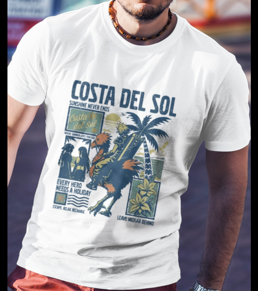 Costa Del Sol Final Fantasy Chocobo Beach Scene Palm Trees T-Shirt