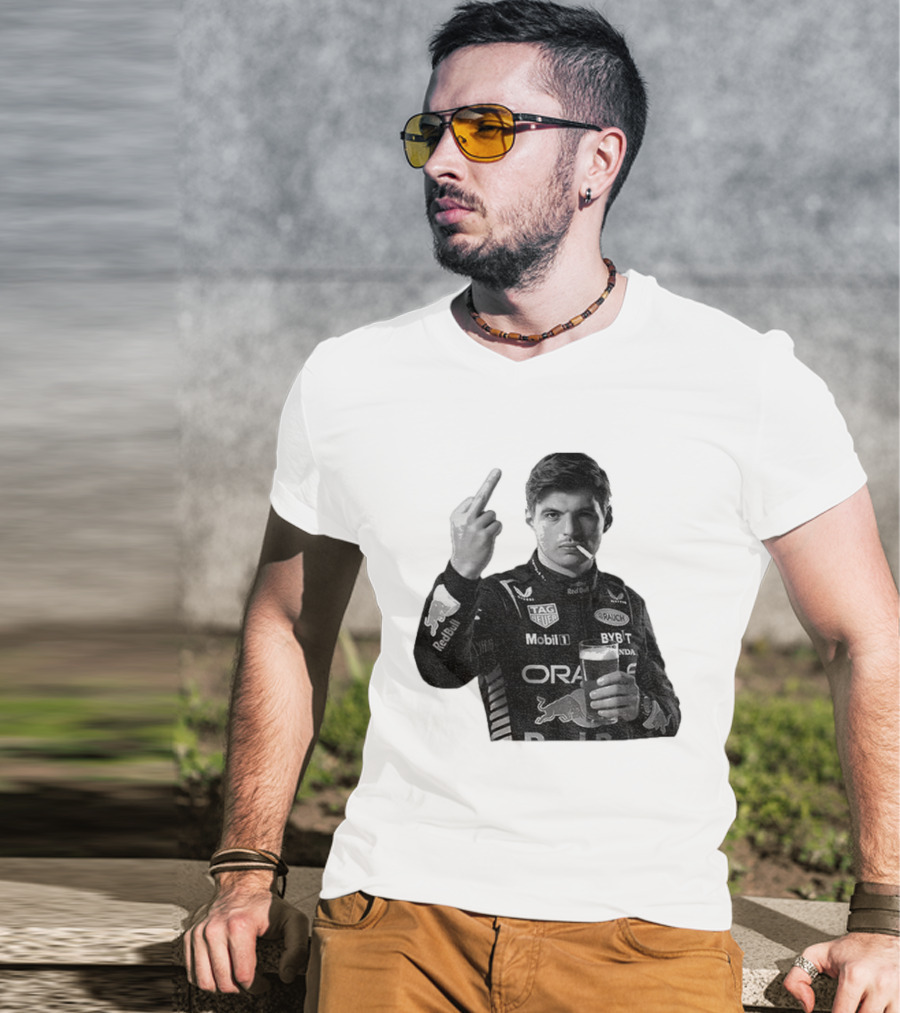Max Verstappen Red Bull Racing Smoking Beer Middle Finger T-Shirt