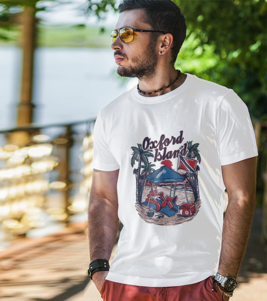 Oxford Island Beach Scene Palm Trees Camping Holiday Relaxation T-Shirt