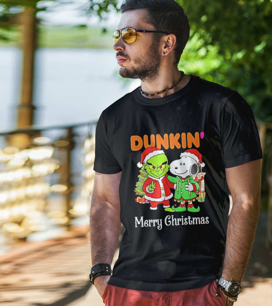 Dunkin Merry Christmas Grinch Snoopy Santas T-Shirt