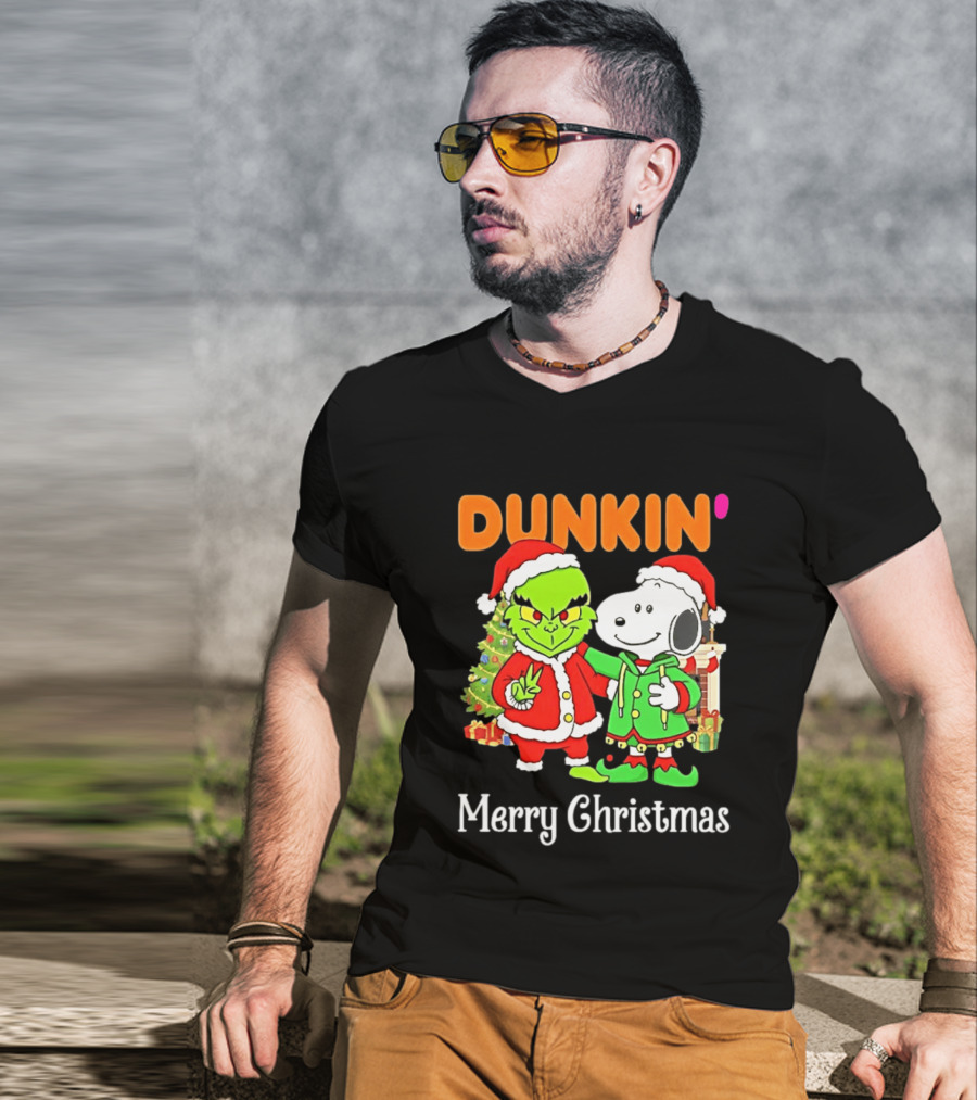 Dunkin Merry Christmas Grinch Snoopy Santas T-Shirt