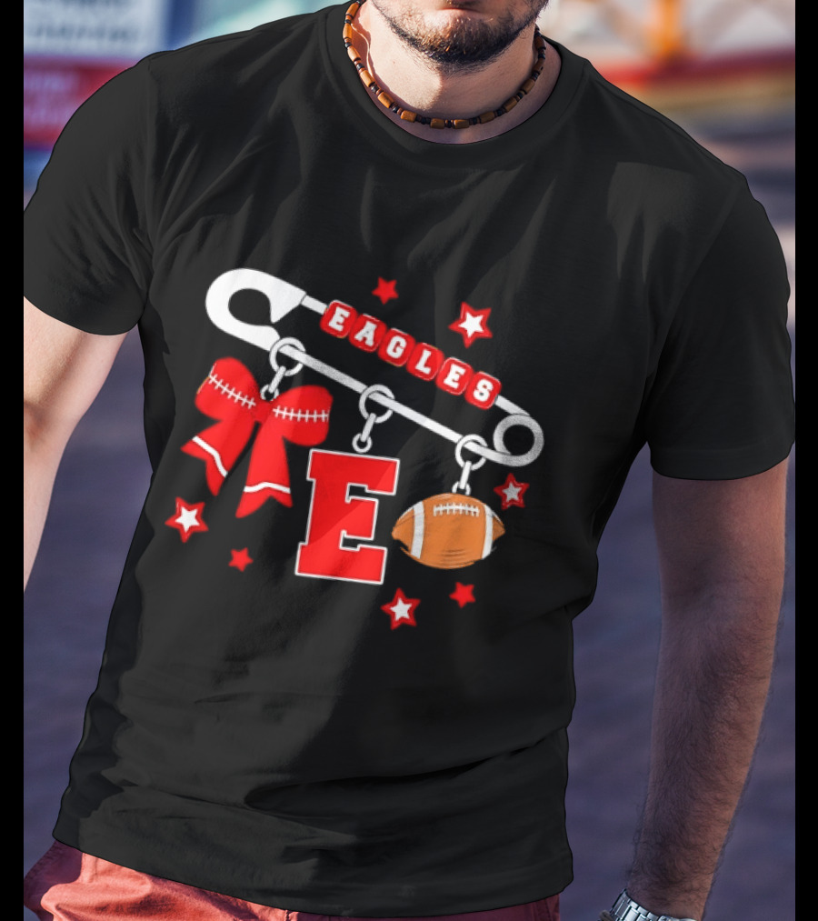 Eagles Safety Pin Charm Football Bow Letter E Stars T-Shirt