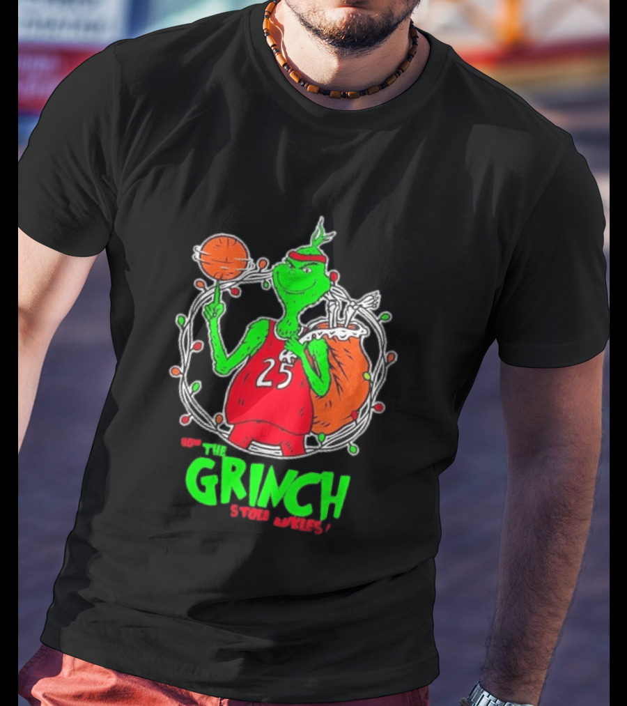 The Grinch Basketball Christmas Lights Jersey 25 Stole Ankles Green T-Shirt