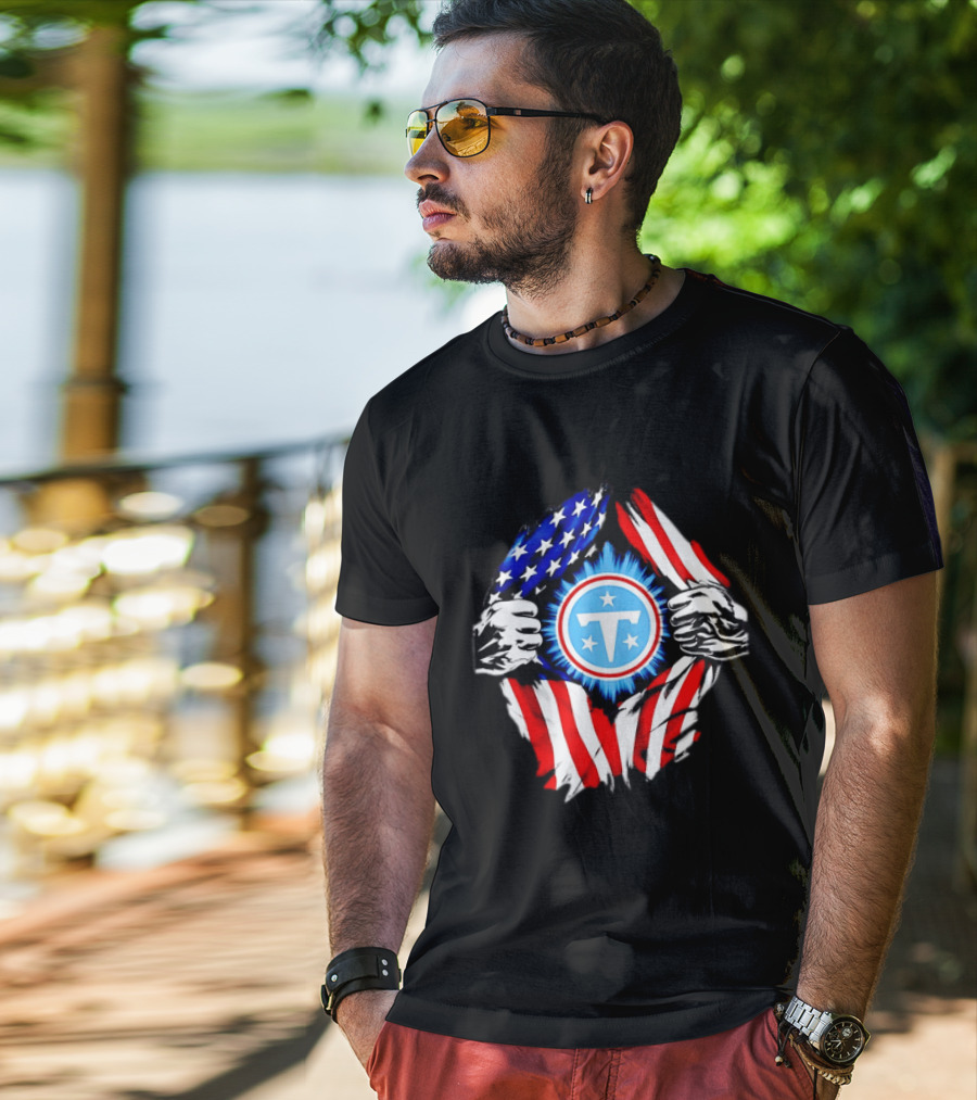 Tennessee Titans American Flag Ripped Chest USA Football Fan T-Shirt