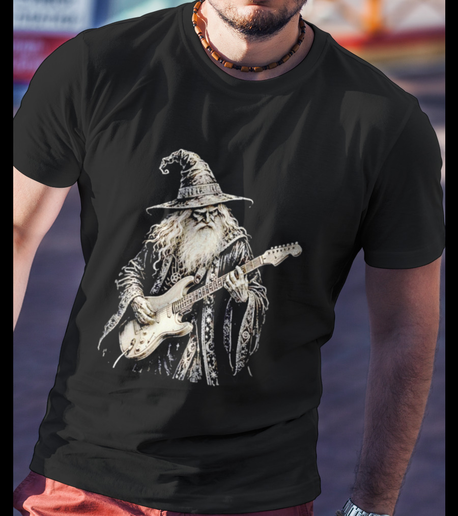 Wizard Playing Electric Guitar Fantasy Musician Magical Rock Legend T-Shirt