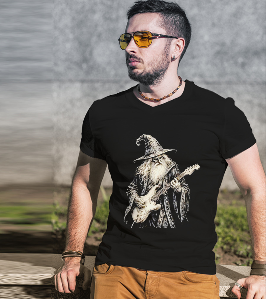 Wizard Playing Electric Guitar Fantasy Musician Magical Rock Legend T-Shirt