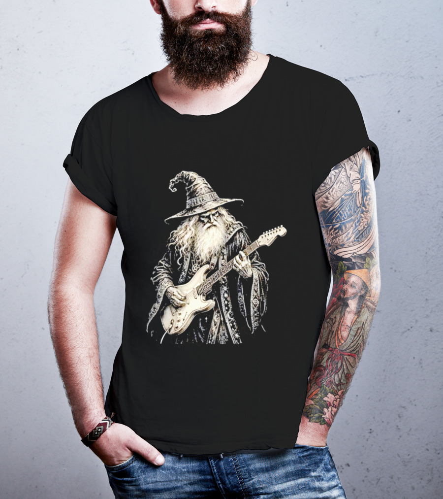 Wizard Playing Electric Guitar Fantasy Musician Magical Rock Legend T-Shirt