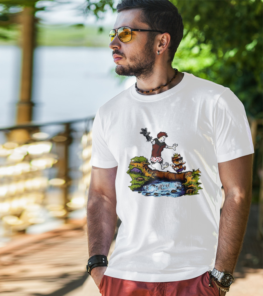Boy And Crowned Cat Balancing On Log Over Stream T-Shirt