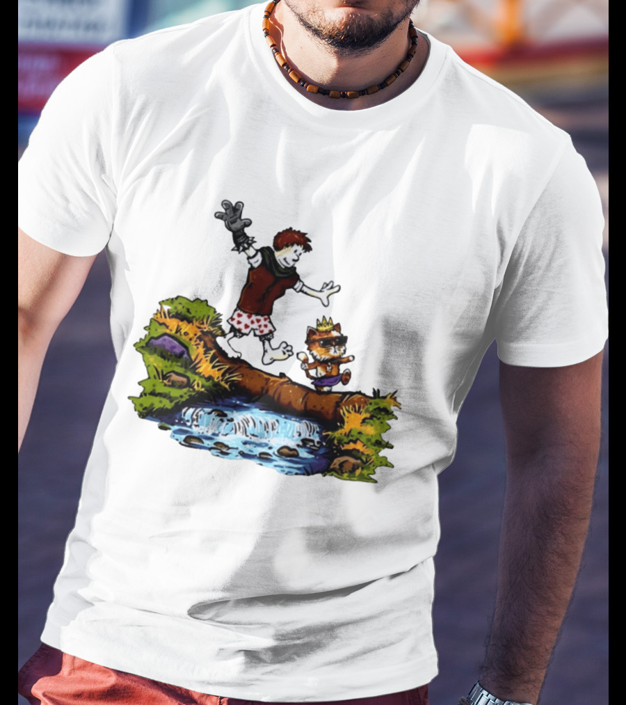 Boy And Crowned Cat Balancing On Log Over Stream T-Shirt