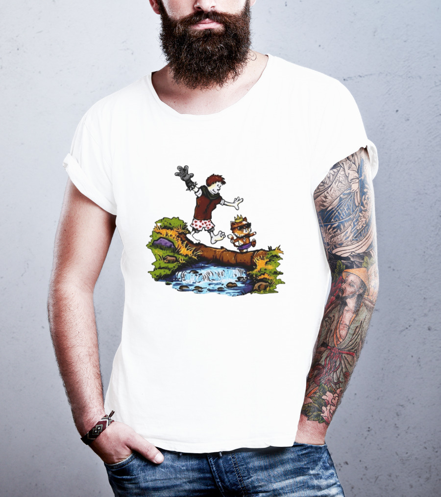 Boy And Crowned Cat Balancing On Log Over Stream T-Shirt
