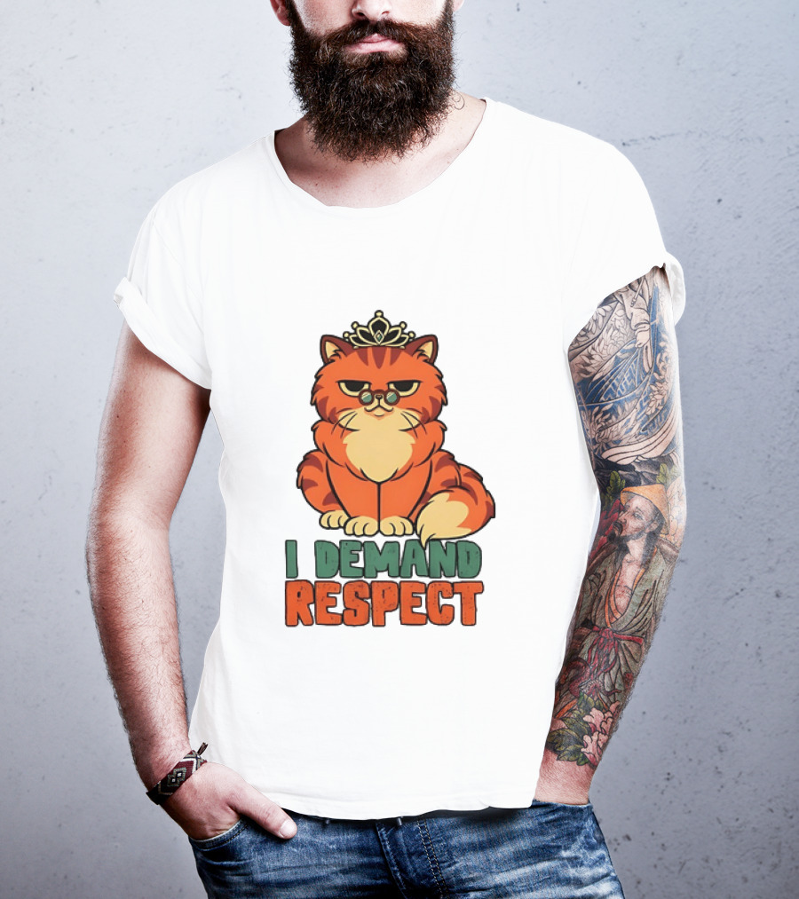Cat With Crown I Demand Respect Pet Lover Distressed T-Shirt