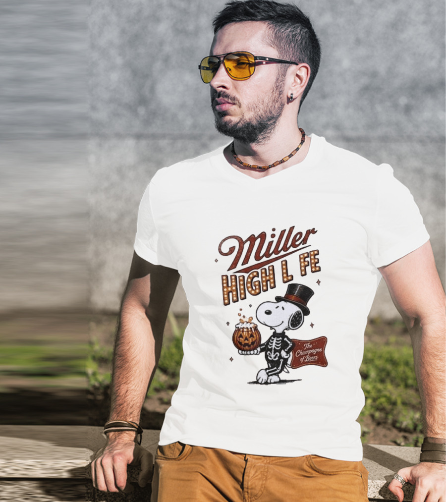 Miller High Life Snoopy Skeleton Halloween The Champagne Of Beers T-Shirt