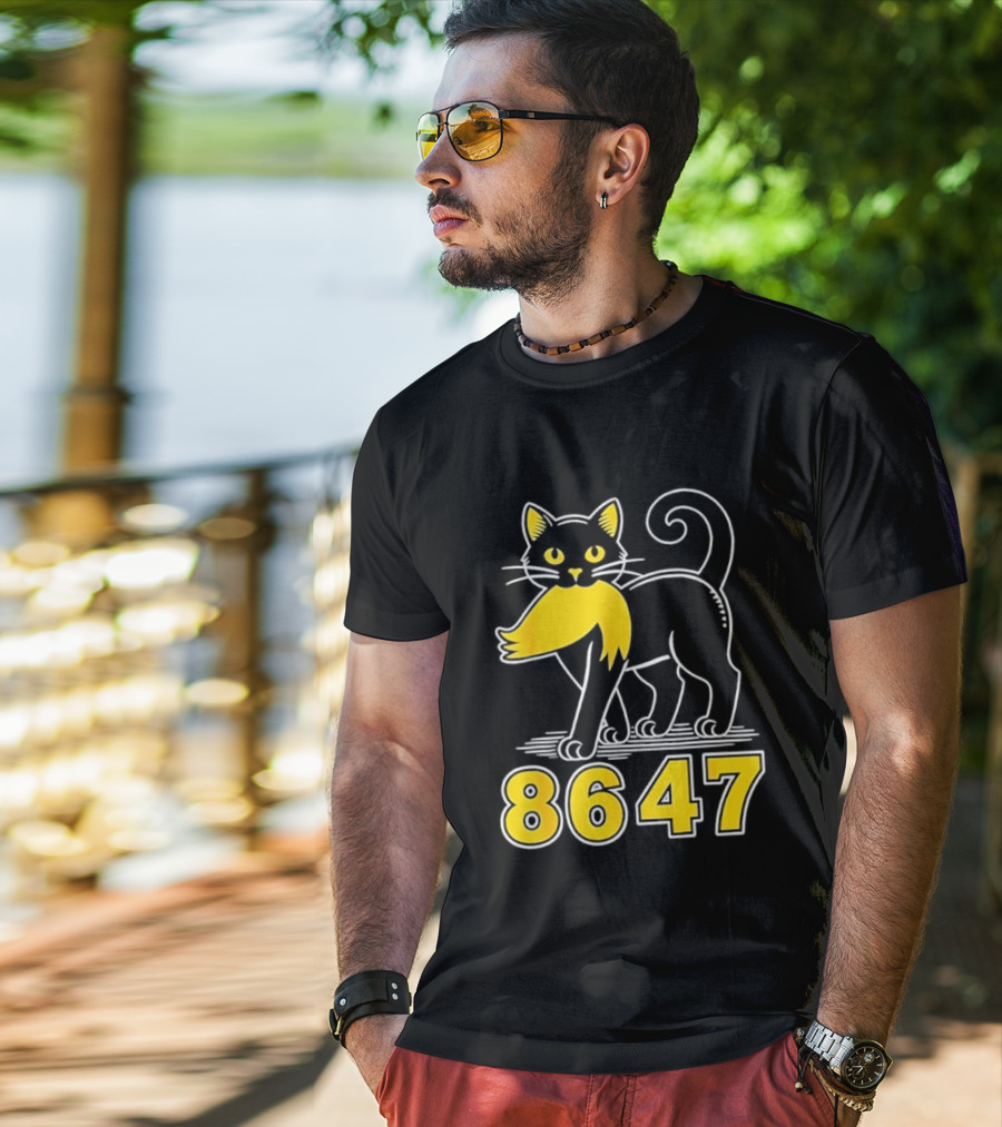 Black Cat 8647 Feline With Yellow Mustache T-Shirt