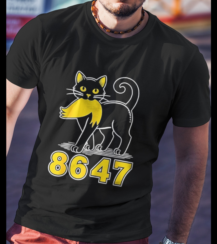 Black Cat 8647 Feline With Yellow Mustache T-Shirt