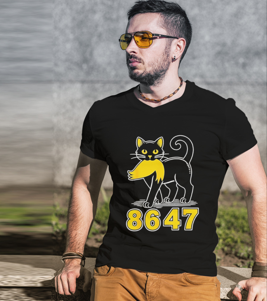 Black Cat 8647 Feline With Yellow Mustache T-Shirt