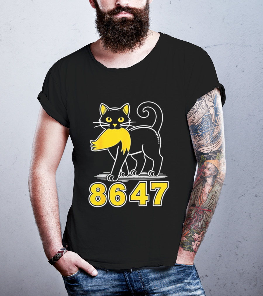 Black Cat 8647 Feline With Yellow Mustache T-Shirt