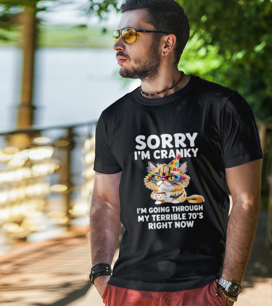 Sorry I'm Cranky Cat Going Through My Terrible 70s Right Now Coffee Party Hat T-Shirt