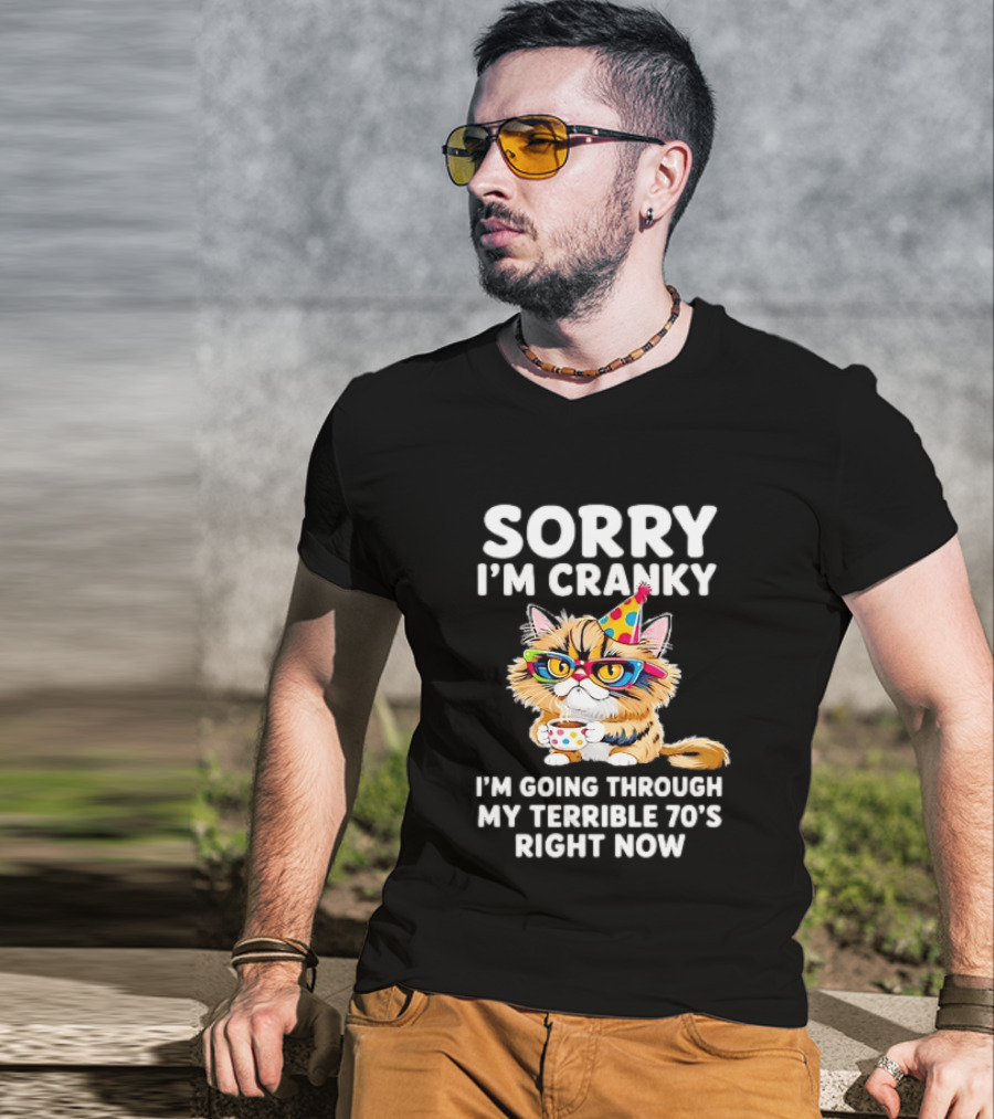 Sorry I'm Cranky Cat Going Through My Terrible 70s Right Now Coffee Party Hat T-Shirt