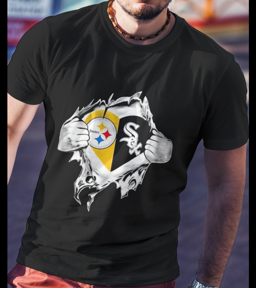Pittsburgh Steelers Chicago White Sox Heart Superman Chest Rip T-Shirt