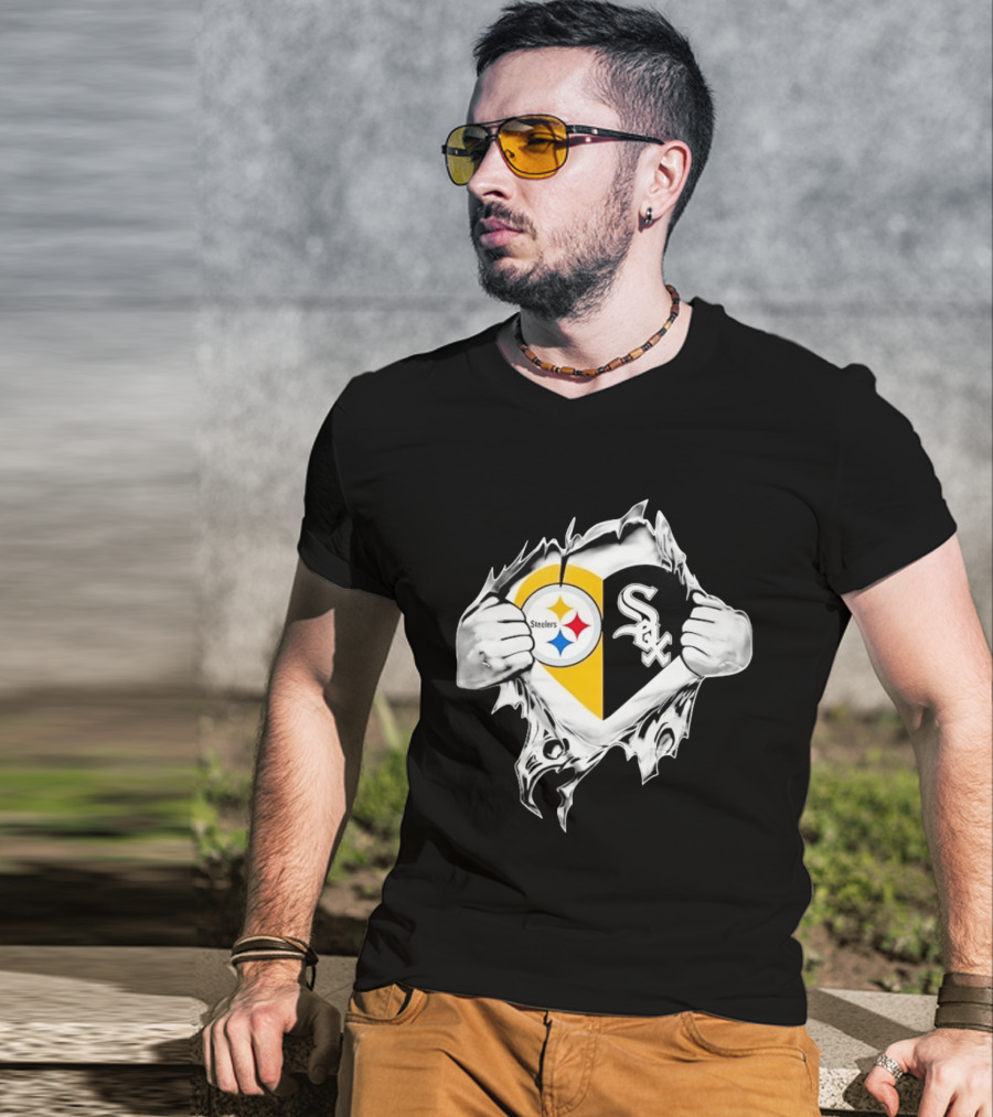 Pittsburgh Steelers Chicago White Sox Heart Superman Chest Rip T-Shirt