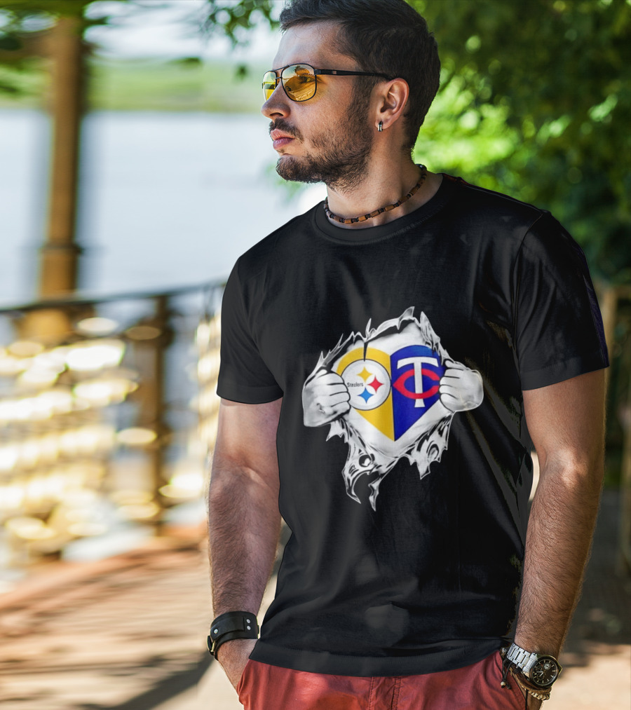 Pittsburgh Steelers Minnesota Twins Heart Superman Chest Rip T-Shirt
