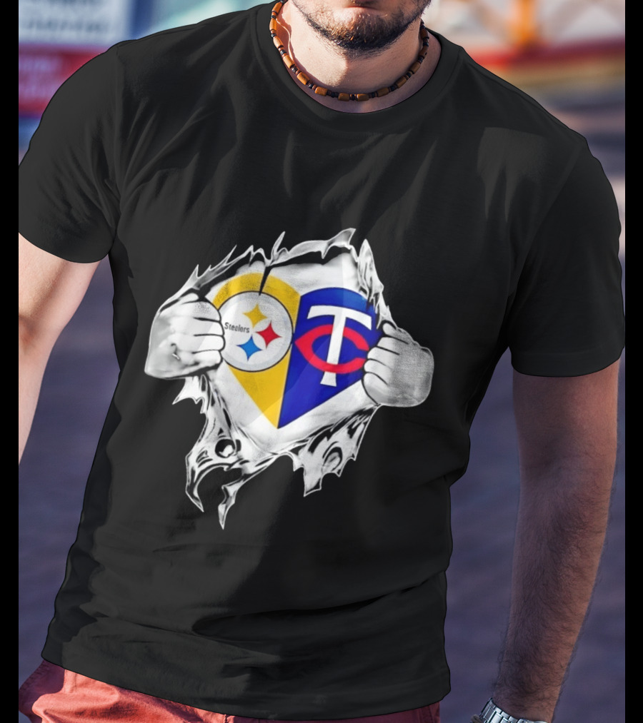 Pittsburgh Steelers Minnesota Twins Heart Superman Chest Rip T-Shirt