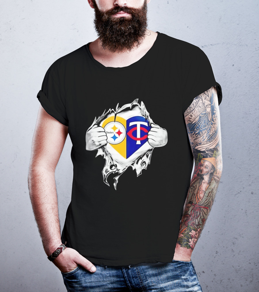 Pittsburgh Steelers Minnesota Twins Heart Superman Chest Rip T-Shirt