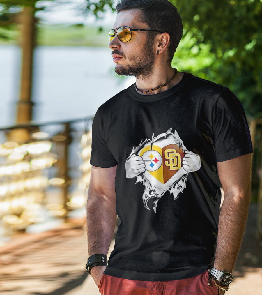 Pittsburgh Steelers San Diego Padres Heart Superman Chest Rip T-Shirt