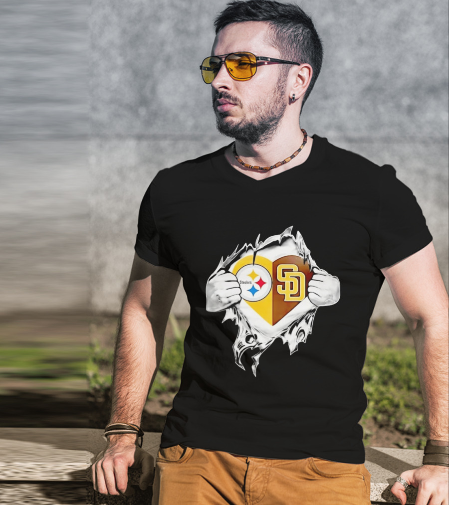 Pittsburgh Steelers San Diego Padres Heart Superman Chest Rip T-Shirt