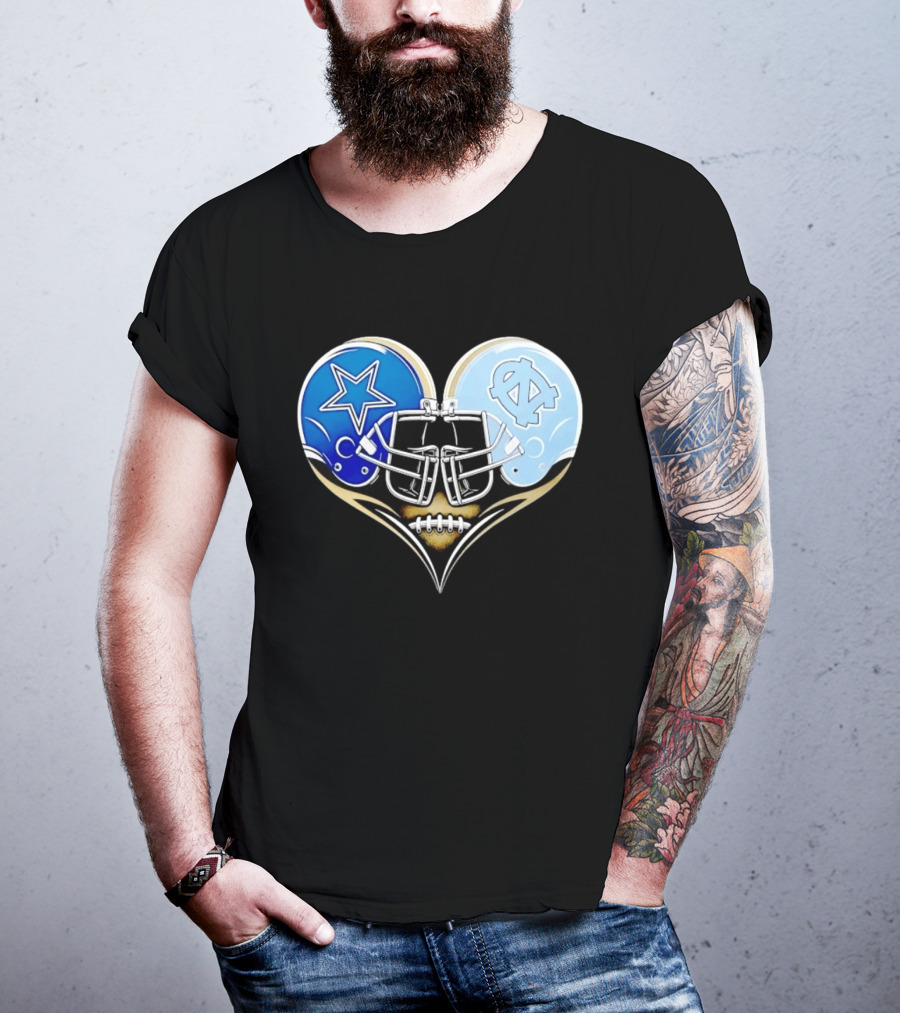 Dallas Cowboys North Carolina Tar Heels Heart Helmet Football T-Shirt