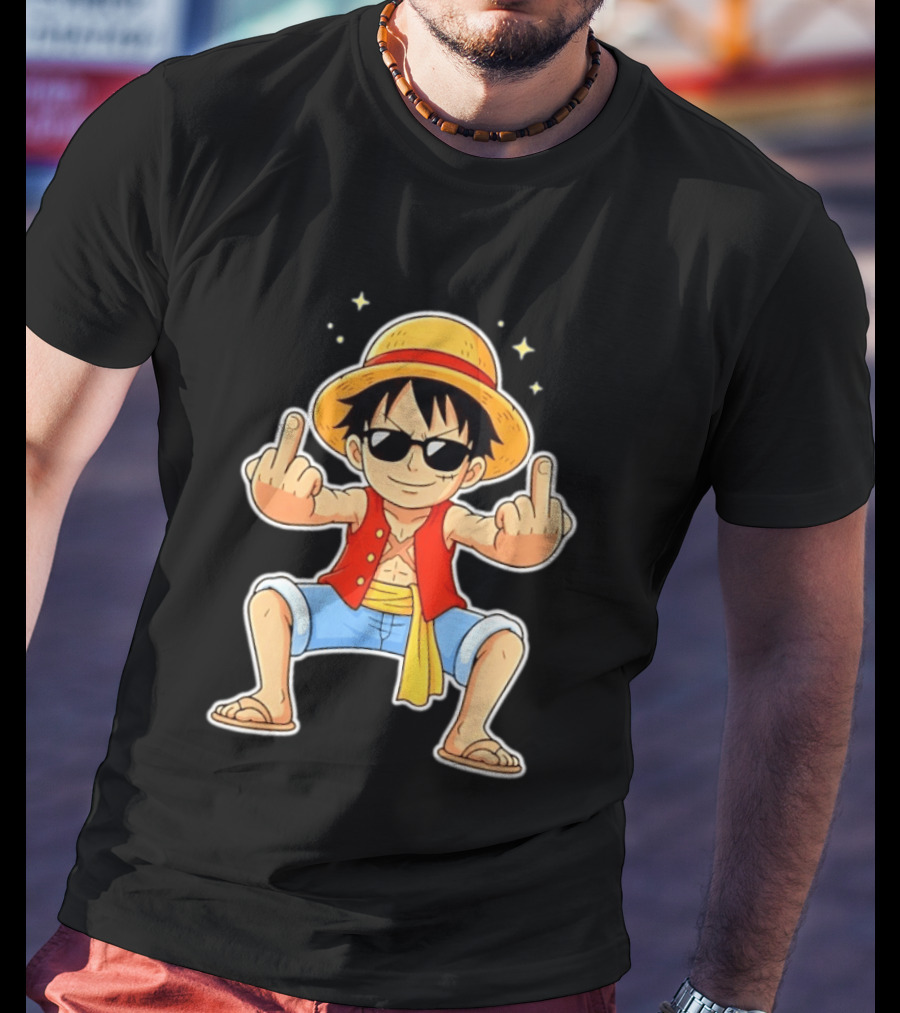 Monkey D Luffy Sunglasses Middle Finger Gesture Anime T-Shirt