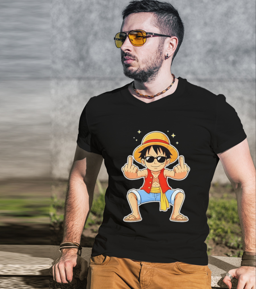 Monkey D Luffy Sunglasses Middle Finger Gesture Anime T-Shirt