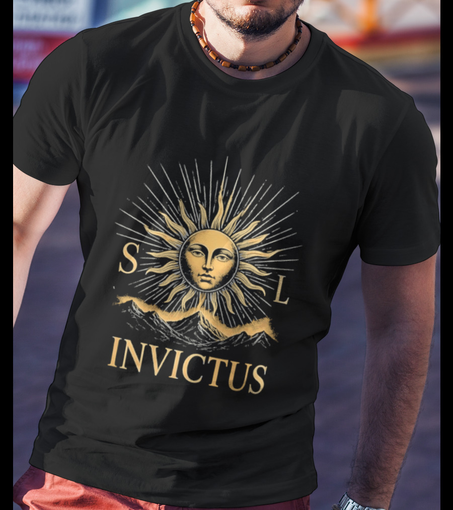 Sol Invictus Sun Face With Radiant Beams And Mountain Celestial T-Shirt