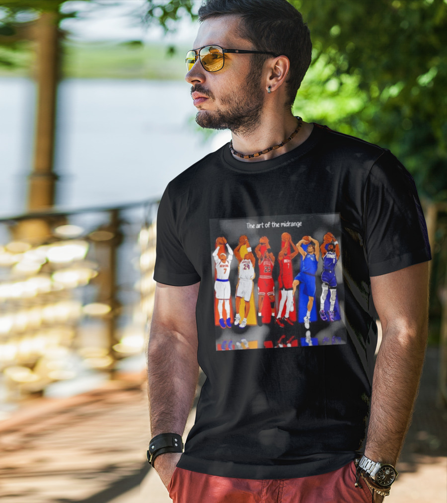The Art Of The Midrange Basketball Legends Collage Knicks Lakers Bulls Rockets Mavericks T-Shirt