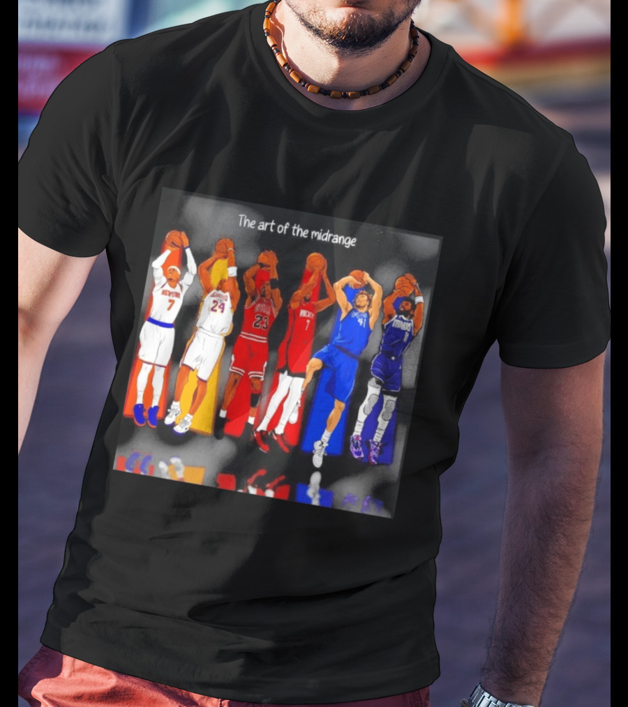 The Art Of The Midrange Basketball Legends Collage Knicks Lakers Bulls Rockets Mavericks T-Shirt