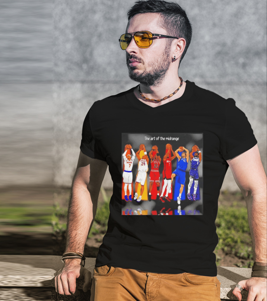 The Art Of The Midrange Basketball Legends Collage Knicks Lakers Bulls Rockets Mavericks T-Shirt