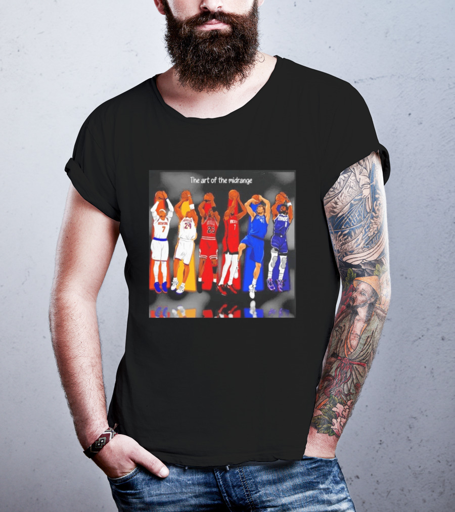The Art Of The Midrange Basketball Legends Collage Knicks Lakers Bulls Rockets Mavericks T-Shirt