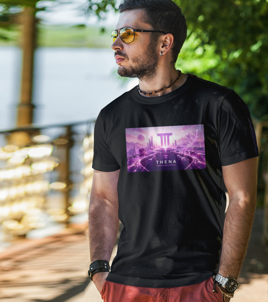 Thena Rebuild Expand Execute Futuristic Cityscape With Purple Skyline And Skyscrapers T-Shirt